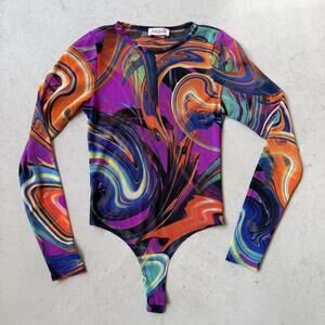 Madrag Mesh Sheer Trippy Print Long Sleeve Bodysuit Festival Rave Summer